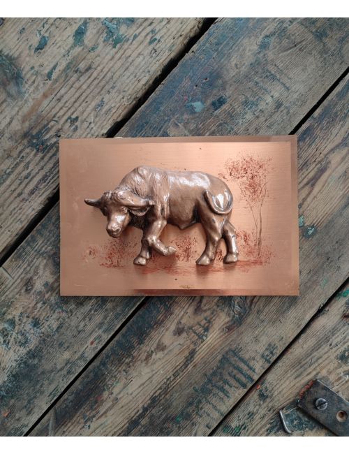 bawół buffalo animal african tribal art copperama plaque vtg