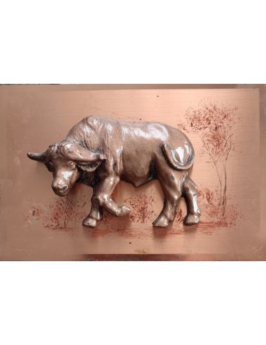 bawół buffalo animal african tribal art copperama plaque vtg