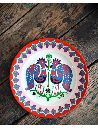 roosters art folk plate bowl wall vntg